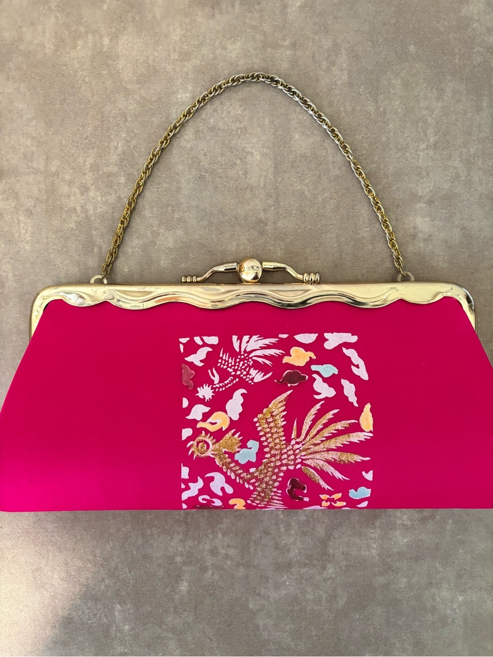 Vintage pink satin evening clutch , Gold Embroidered Phoenix metal frame clasp